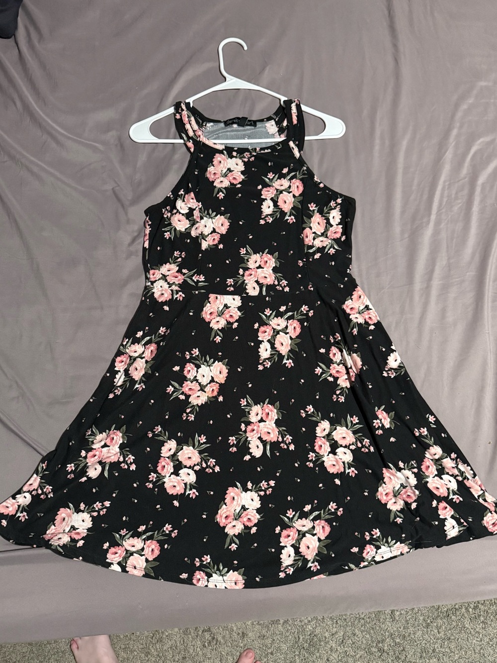 Derek Heart Black Floral Halter Dress with Pink Blooms